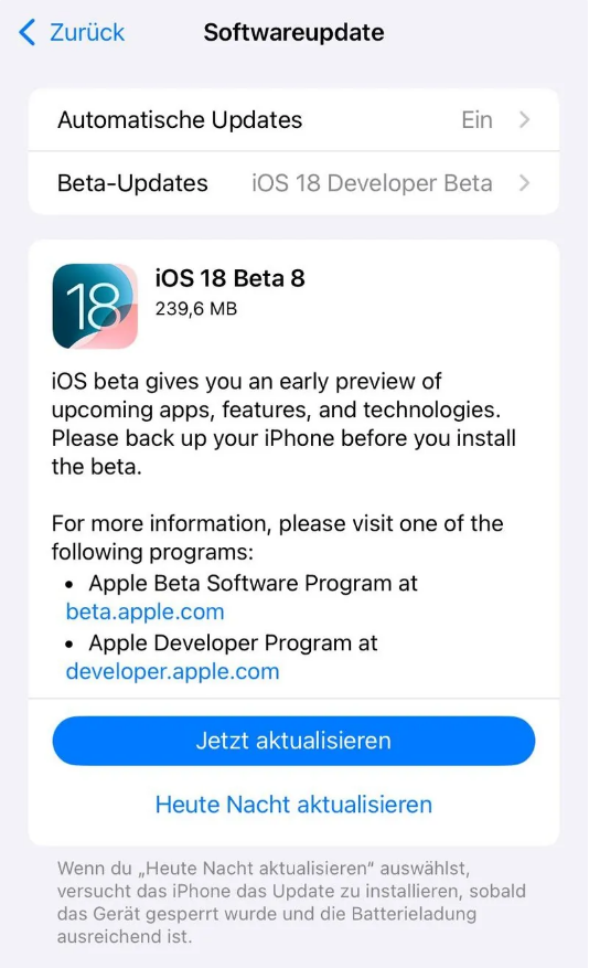 延川苹果手机维修分享苹果 iOS / iPadOS 18 开发者预览版 Beta 8 发布 